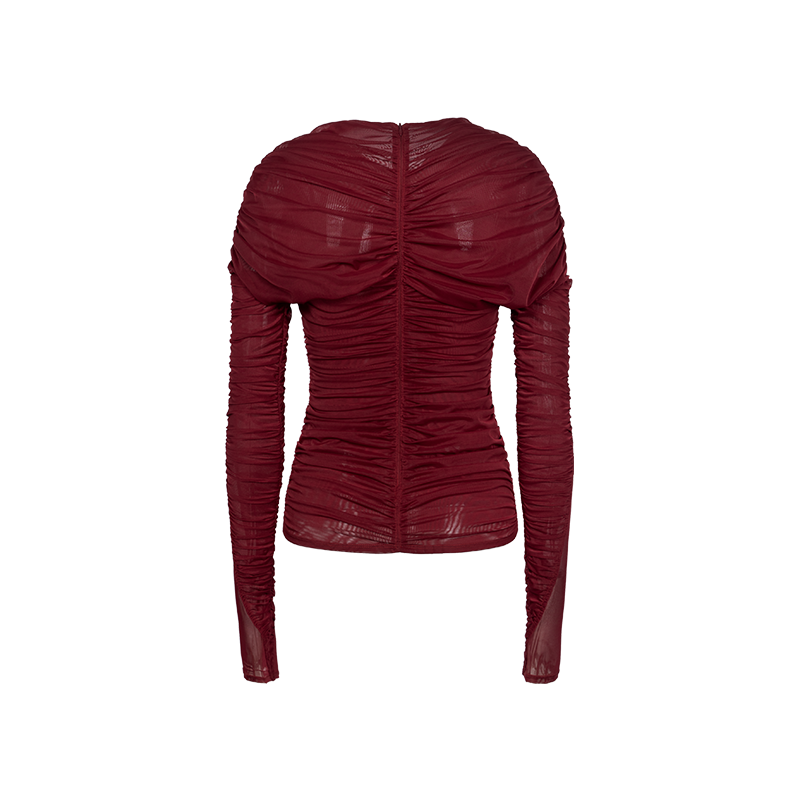 Merlot Stretch Mesh Pleated Long Sleeve Top