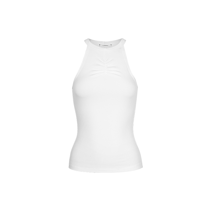 White Ribbed Ring Neck Pleated Tank Top