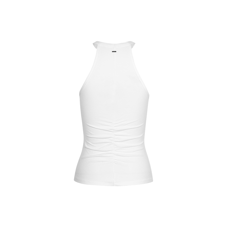 White Ribbed Ring Neck Pleated Tank Top