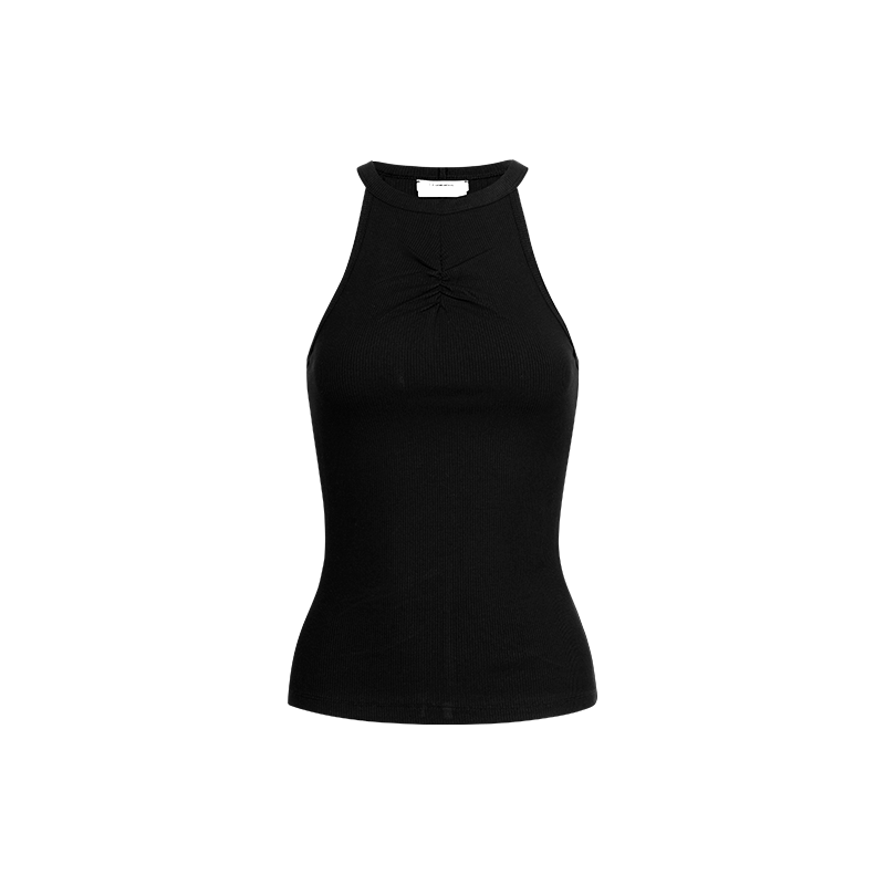 Black Ribbed Ring Neck Pleated Tank Top