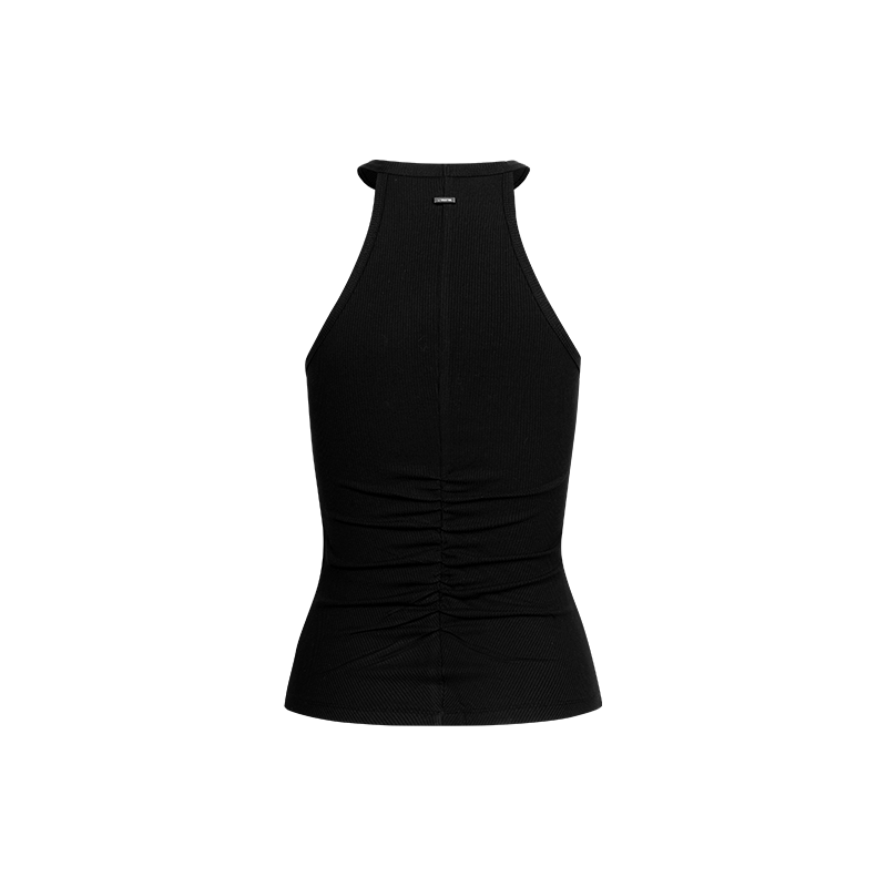 Black Ribbed Ring Neck Pleated Tank Top