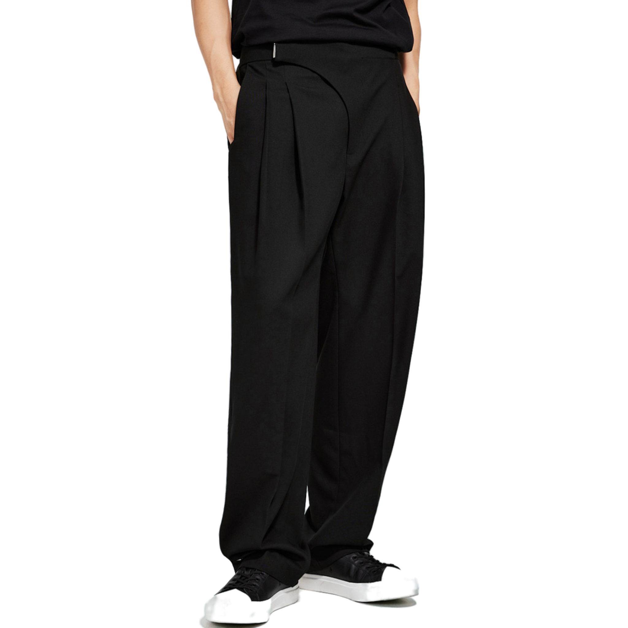 Black Adjustable Button Double Pleat Loose Trousers