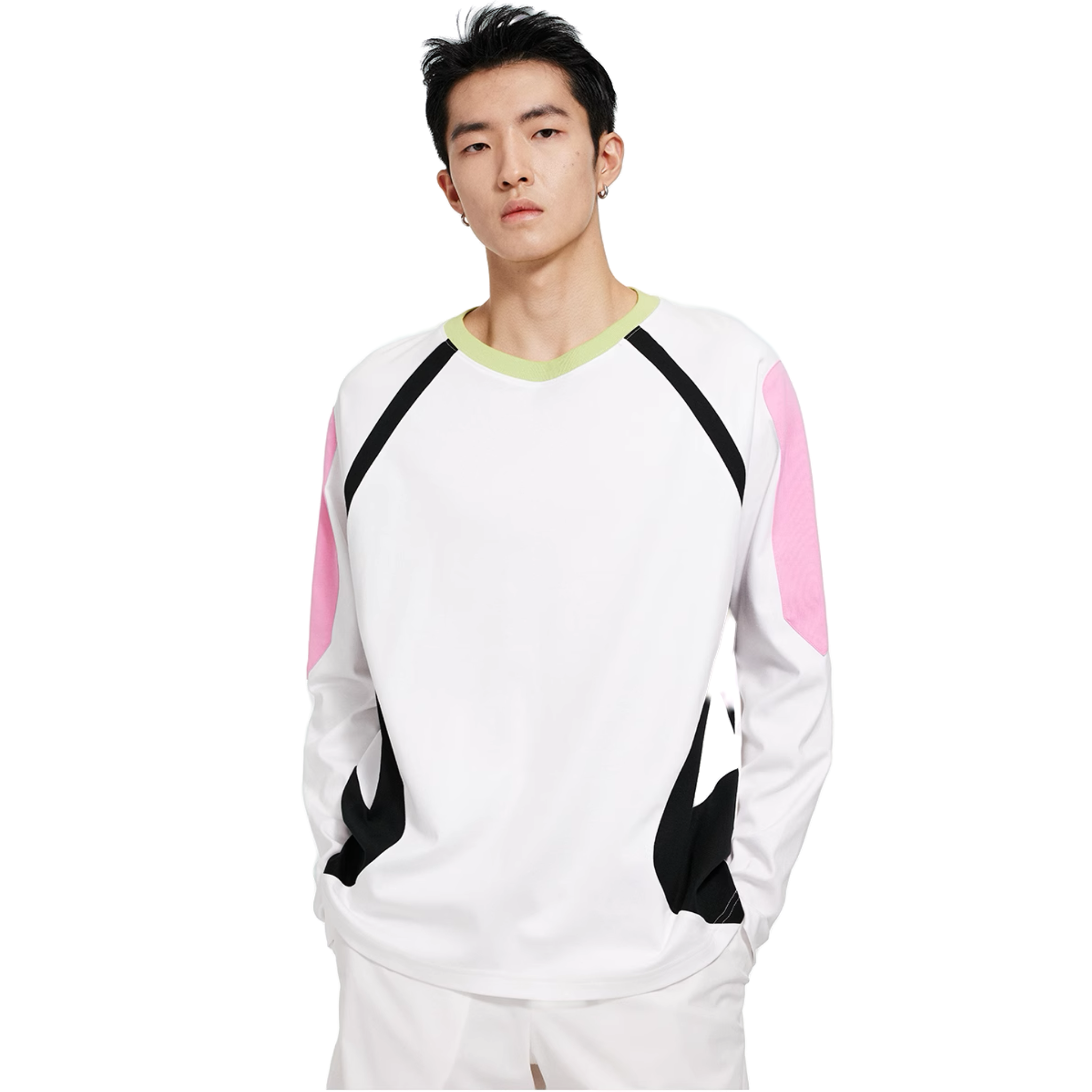 White and Pink Cool-Touch Raglan Sleeves Long-Sleeved T-Shirt