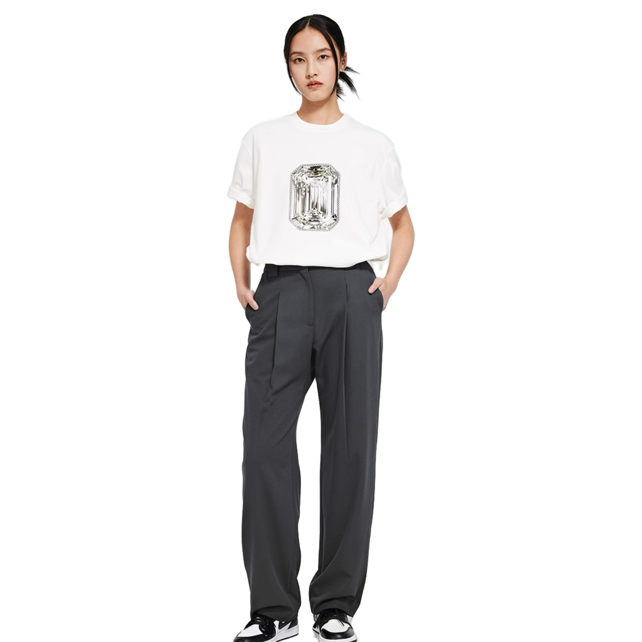 Grey Dark Pattern Fabric Straight-Leg Trousers