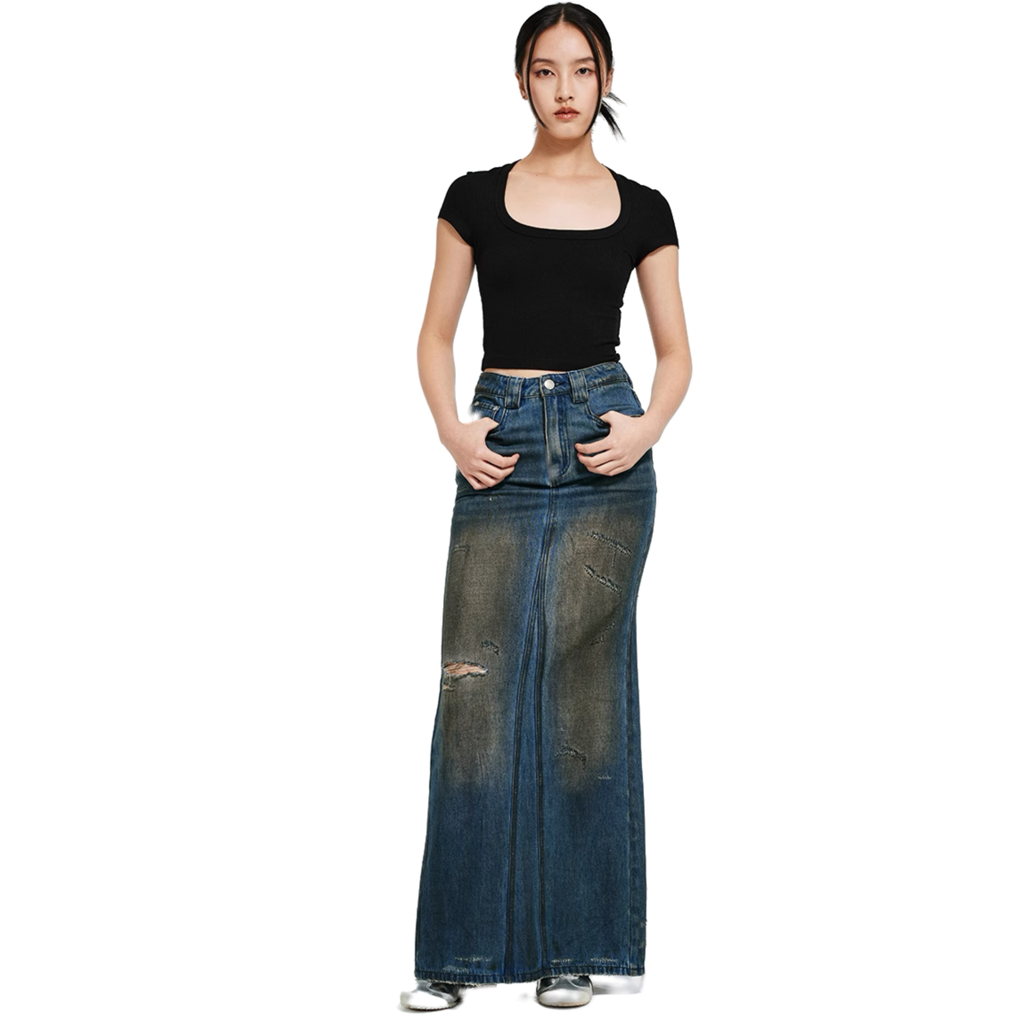 Blue Retro Distressed Washed Fishtail Design Denim Mid-Length Skirt