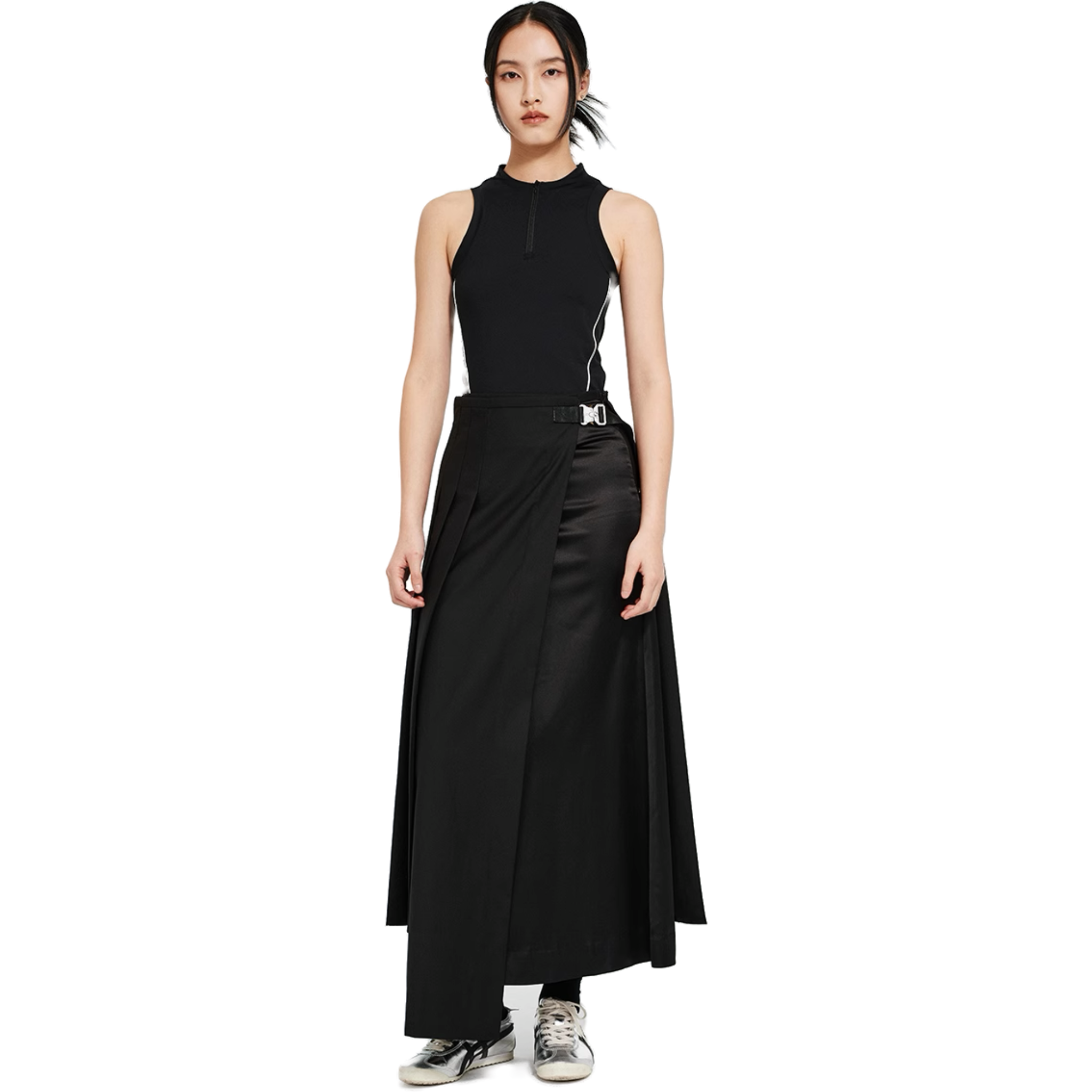 Black Irregular Pleated Mid-Length Skirt