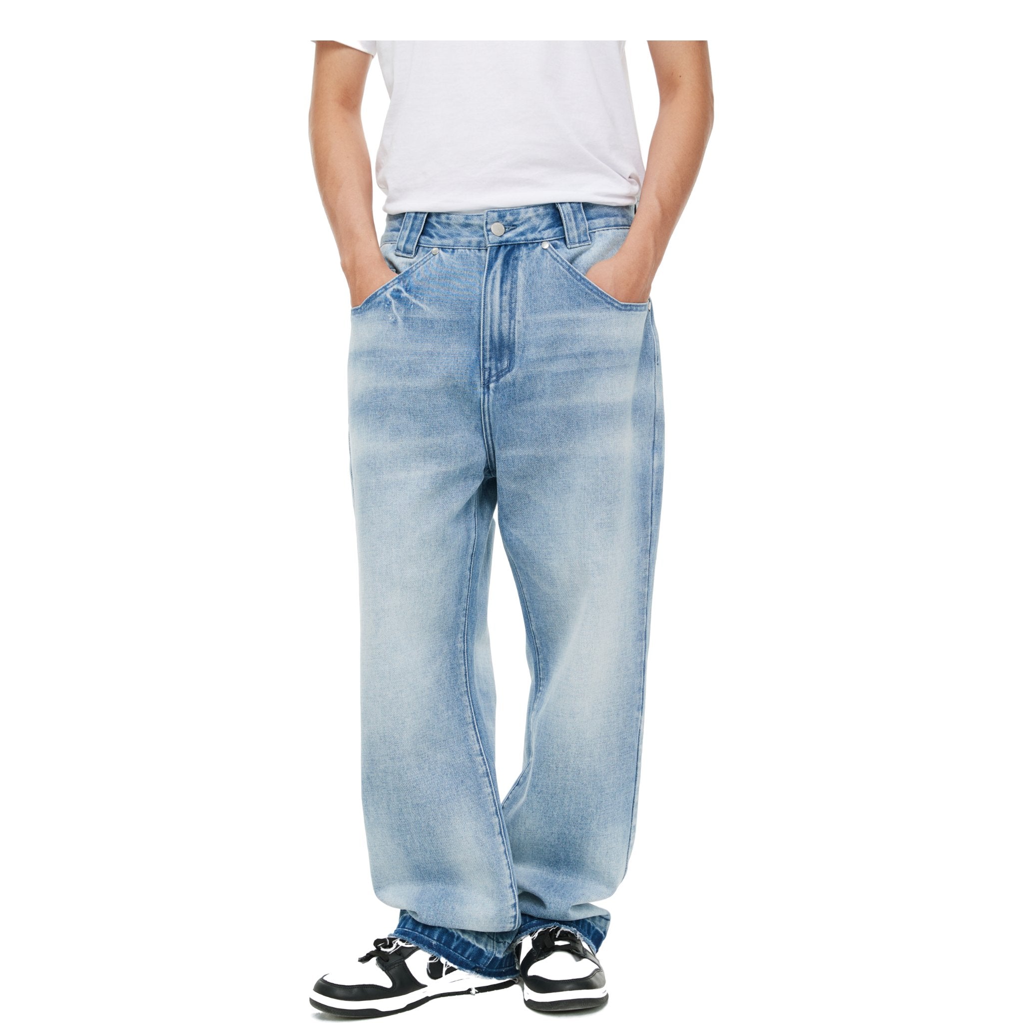 UNAWARES Blue Alien Patch Pocket Washed Denim Jeans | MADA IN CHINA