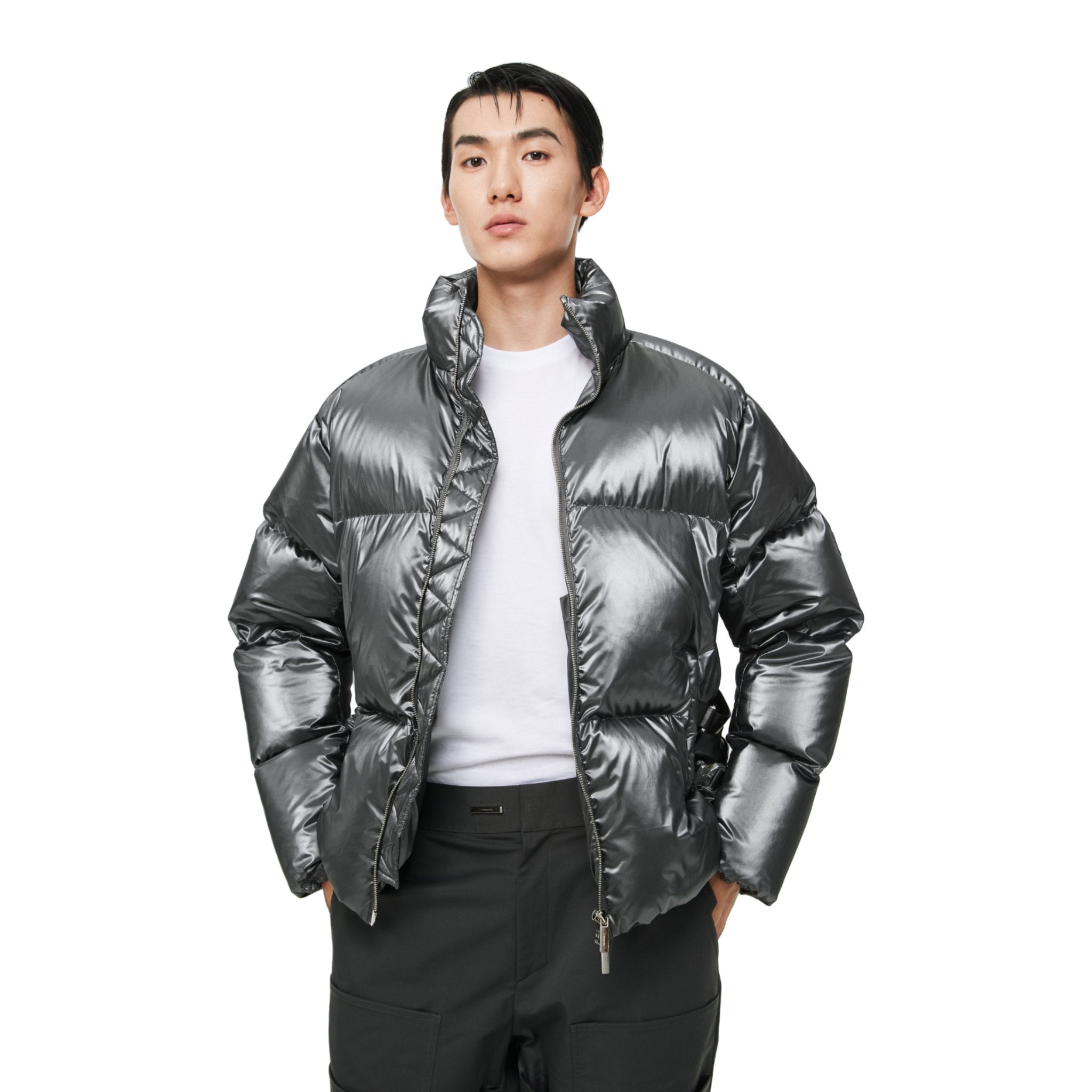 UNAWARES Grey Water-Gloss Custom Buckle Down Jacket | MADA IN CHINA