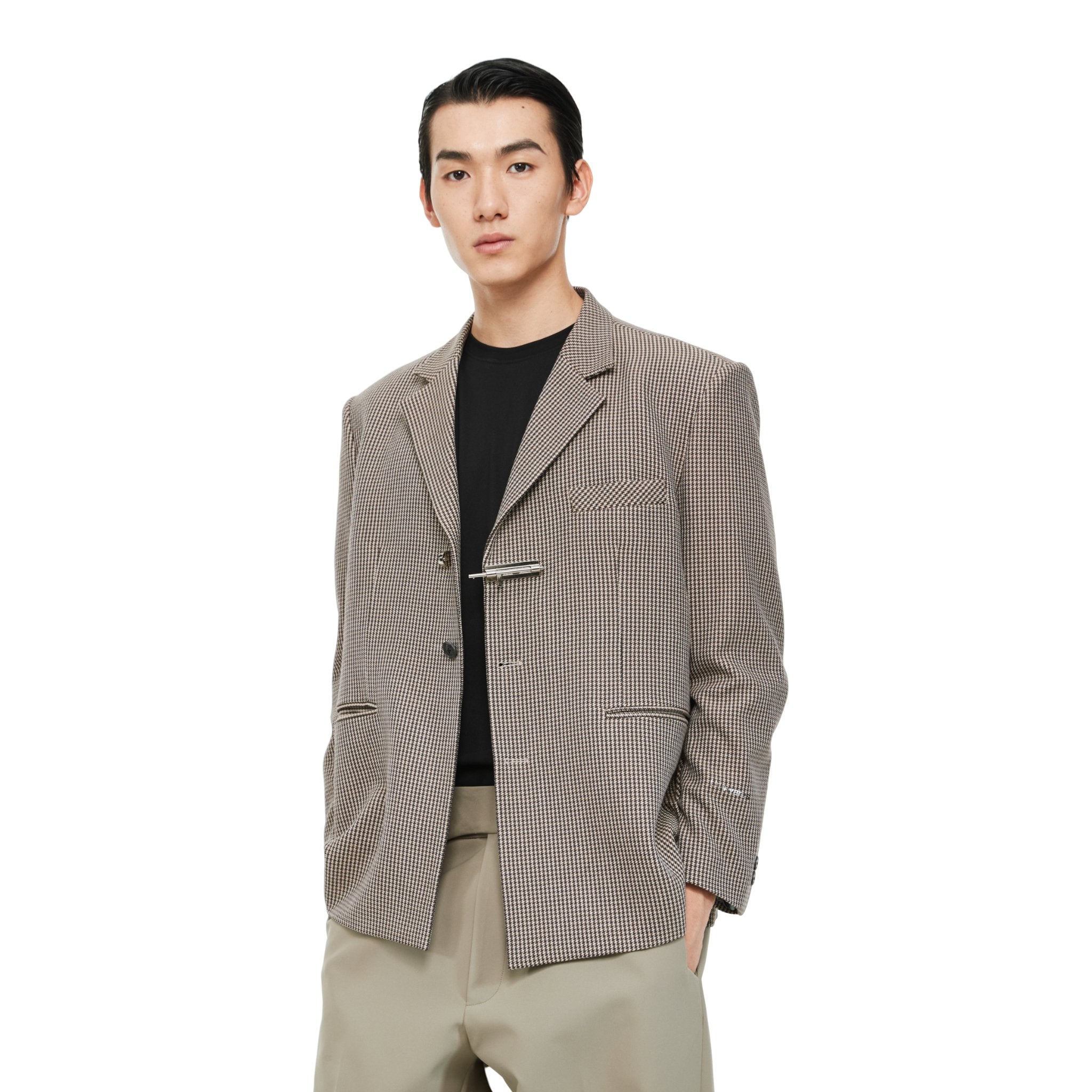 UNAWARES Khaki Single-Breasted Houndstooth Suit with Toggle Fastening | MADA IN CHINA