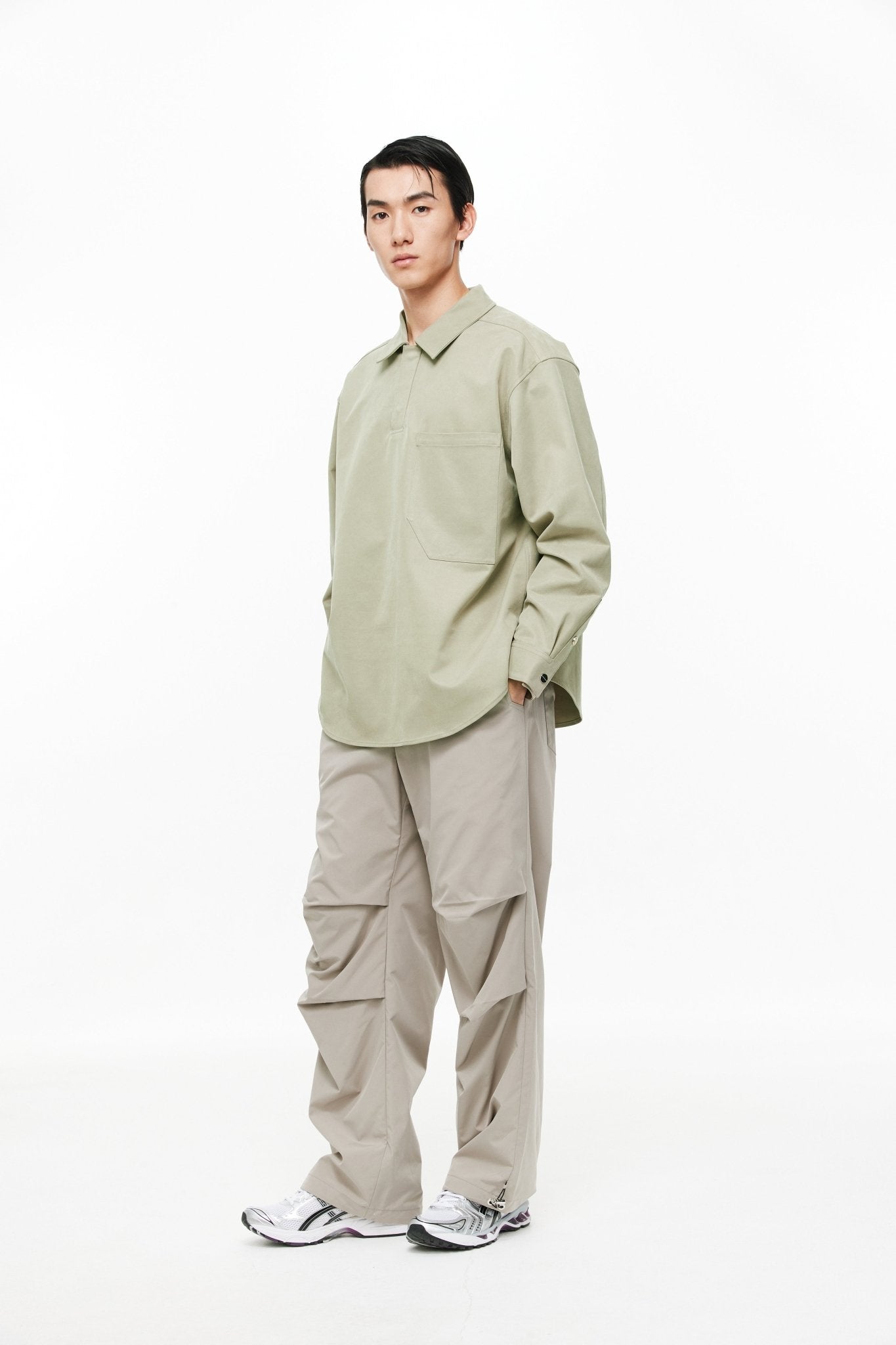 UNAWARES Olive Green Collar Asymmetric Patch Pocket Long Sleeve Polo | MADA IN CHINA