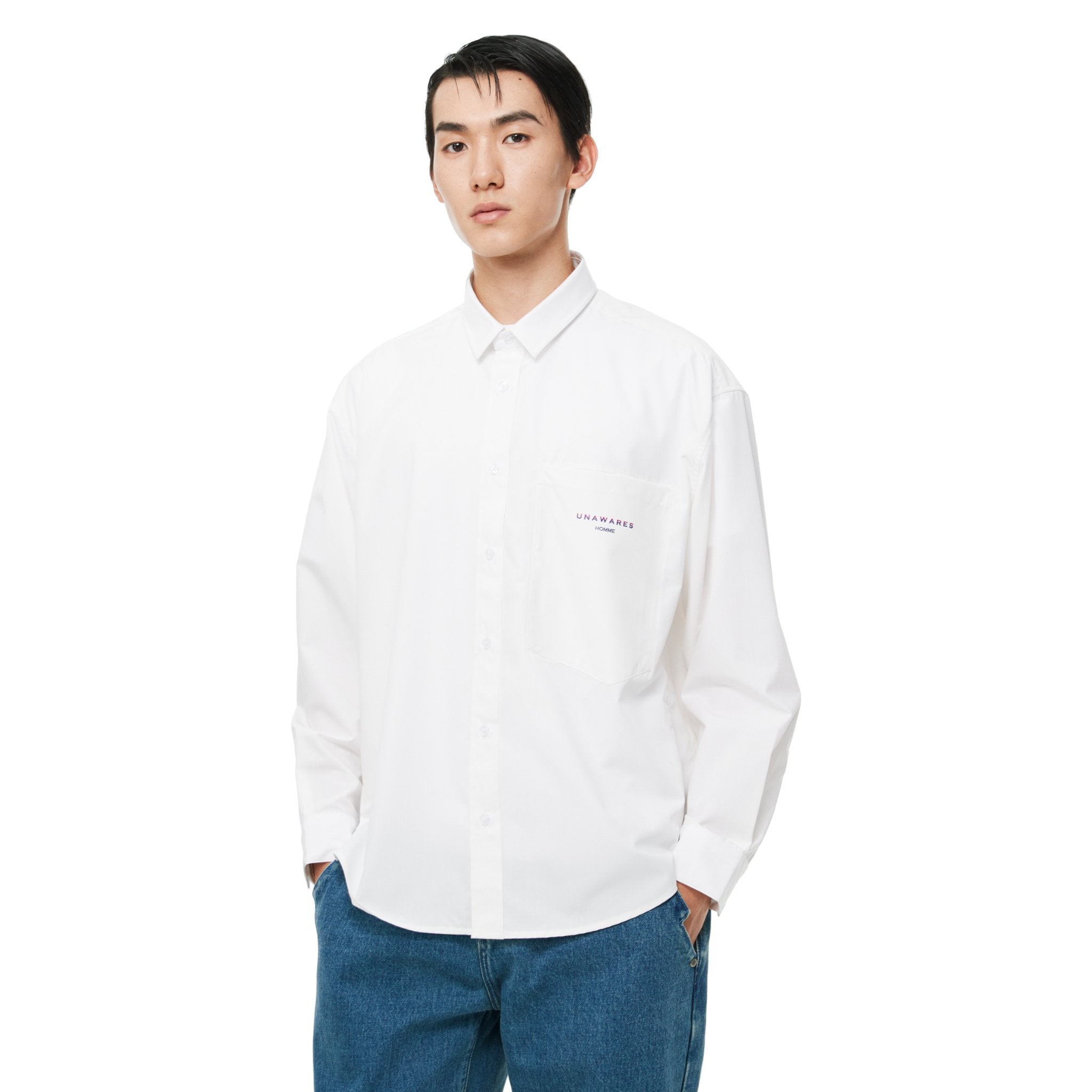 UNAWARES White Irregular Pocket Gradient Brush Embroidered Shirt | MADA IN CHINA